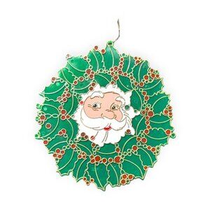 Vintage Santa Christmas Wreath Suncatcher Stained Glass Wall Hanger 8"